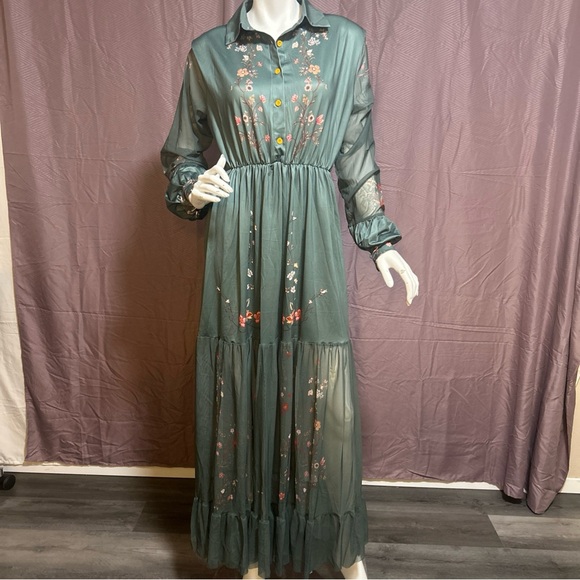Green Floral Chiffon Maxi Dress  Boho Prairie Long Sleeve Elastic Waist Size: M - Picture 2 of 13